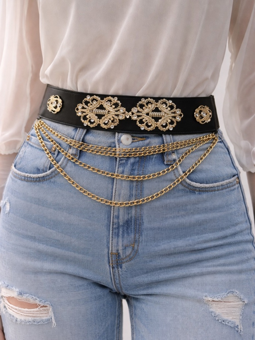 Black Elastic Waist Belt with Gold Filigree Accents
